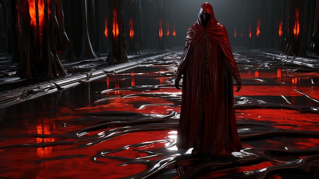 image arrafée d'un homme en robe rouge debout dans une pièce sombre