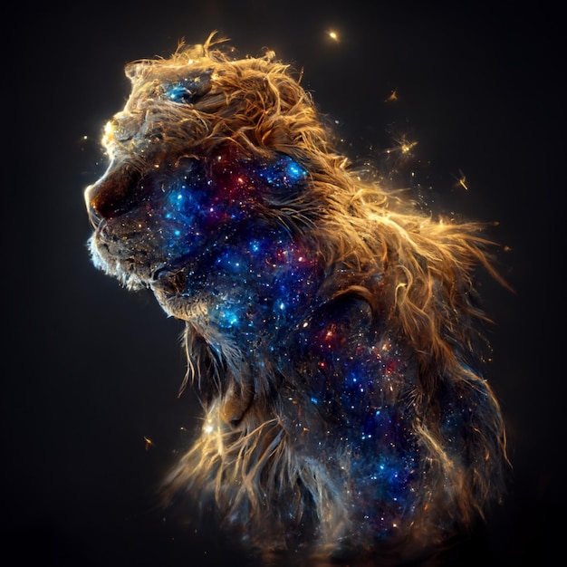 Image arrafée d'un lion avec une galaxie comme corps génératif ai