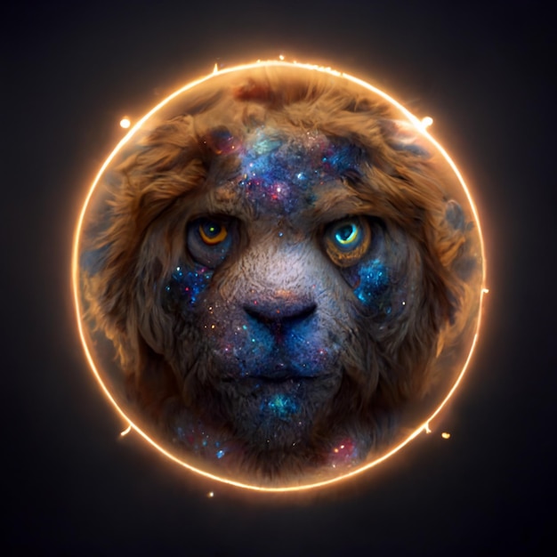 Image arrafée d'un lion avec un halo brillant autour de lui