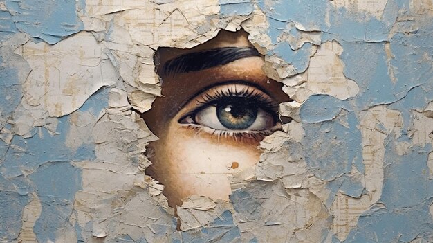 Photo image arrafée d'un œil de femme regardant à travers un trou dans un mur