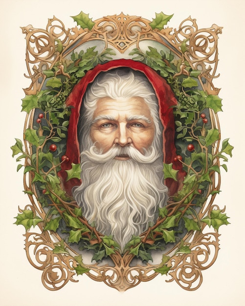 image arrafée d'un Père Noël avec une couronne de holly et des feuilles de holly