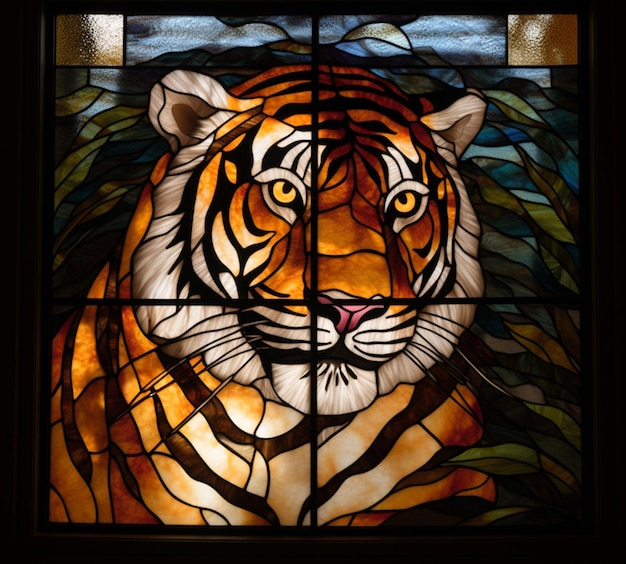 image arrafée d'un tigre dans un vitrail génératif ai