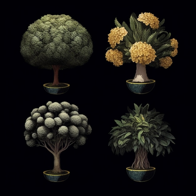 Photo image arrafée d'une variété d'arbres dans un pot génératif ai