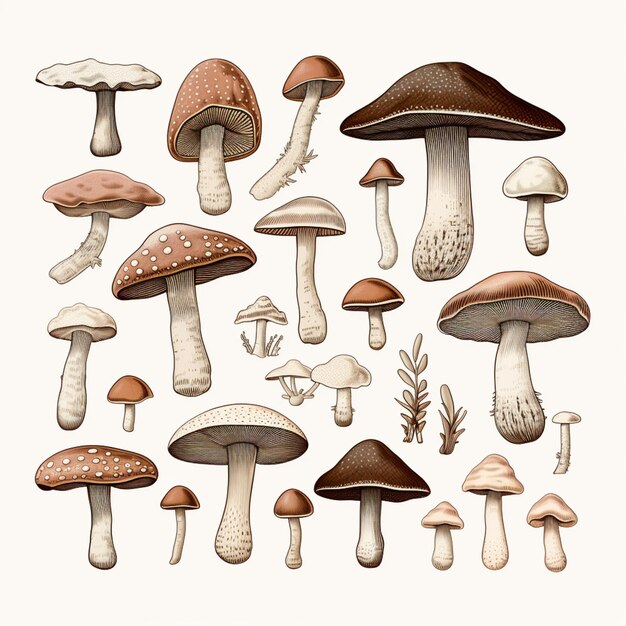image arrafée d'une variété de champignons sur un fond blanc