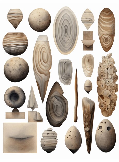 Photo image arrafée d'une variété d'objets en bois sur un fond blanc