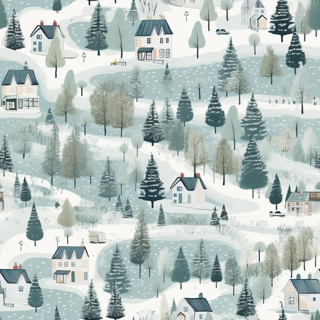 image arrafée d'un village enneigé avec des maisons et des arbres