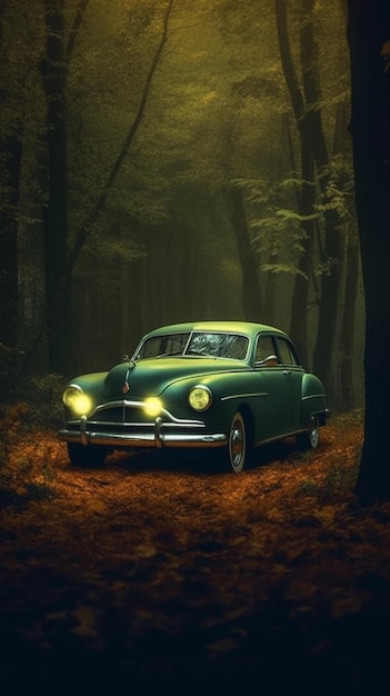 Image arrafée d'une voiture verte dans une forêt avec une lumière qui brille sur elle