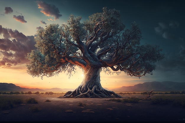 Image d'arrière-plan du coucher du soleil grand arbre qui pousse art généré par Ai