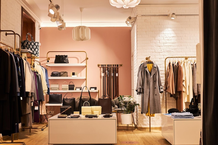 Photo image d'arrière-plan d'un intérieur de boutique de vêtements élégant avec des vêtements et des accessoires exposés dans l'espace de copie