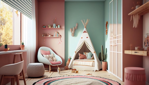 Image d'arrière-plan minimale de l'intérieur de la chambre des enfants mignons avec tente de jeu et décor dans l'espace de copie de couleurs pastel