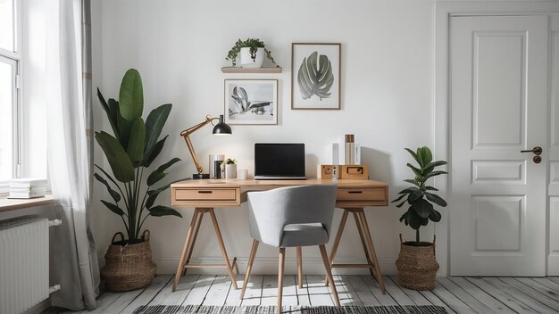 Photo image d'arrière-plan minimale d'un lieu de travail à domicile avec un ordinateur portable dans un espace de copie intérieur blanc et aéré