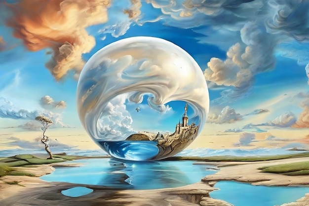 image d'art magique et surréaliste avec un magnifique ciel d'été comme fond de boule de verre