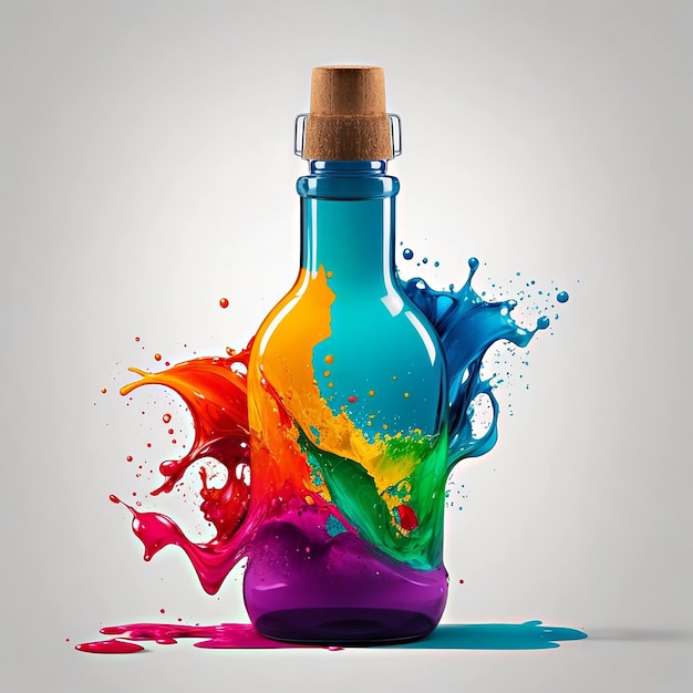 Photo image d'art splash multicolore avec bouteille de couleur