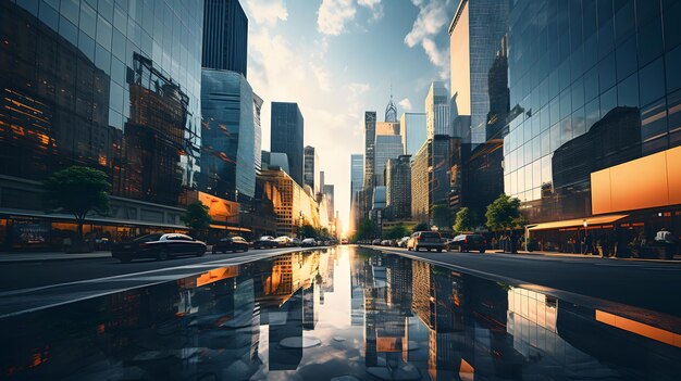 image artificielle d'une rue de ville avec une flaque d'eau IA générative