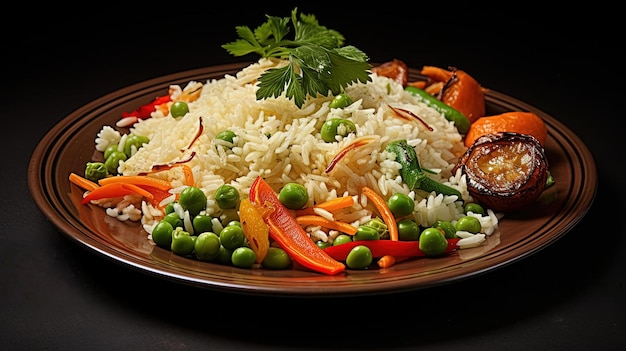 une image d'une assiette de riz avec des légumes et dans le style de hinchel ou