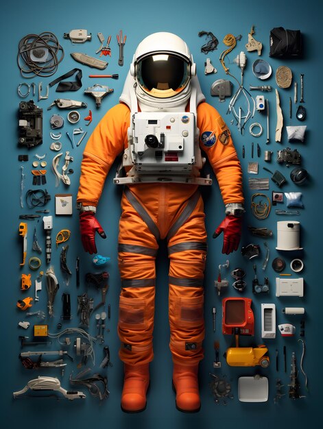 Photo image d'astronaute en style knolling sur fond bleu