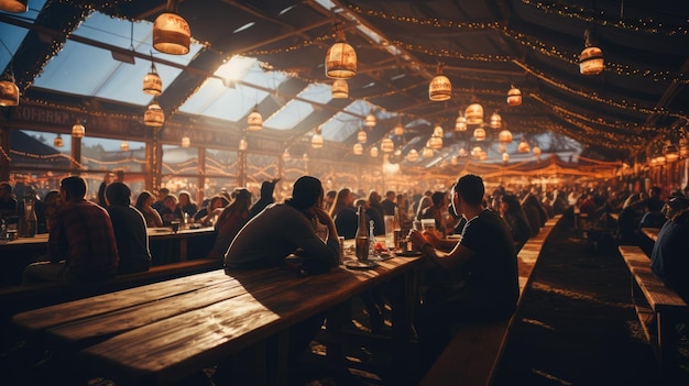 Une image atmosphérique d'une tente de bière remplie de gens célébrant l'Oktoberfest