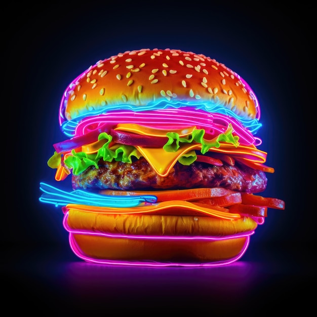 Une image au néon d'un hamburger