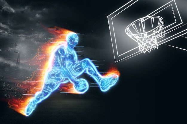 Image au néon d'un joueur de basket-ball professionnel sautant avec une balle. Collage créatif, dépliant sportif. Concept de basket-ball, sport, jeu, mode de vie sain. Espace de copie, illustration 3D, rendu 3D.