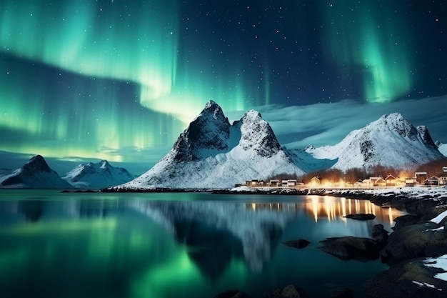 une image d'une aurore verte au-dessus d'un lac de montagne