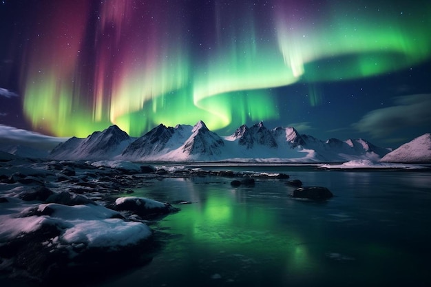 une image d'une aurore verte sur une montagne enneigée.