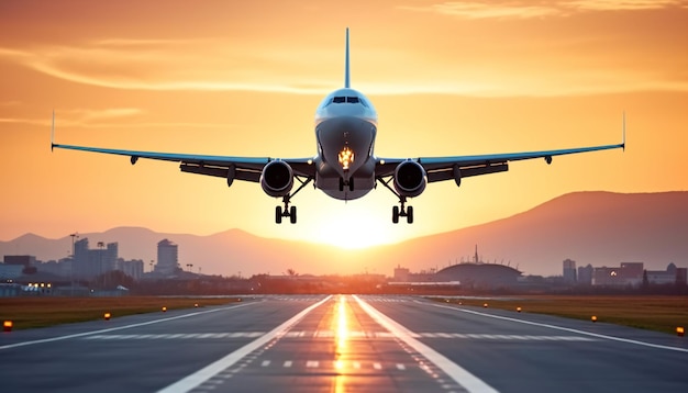 Image d’un avion atterrissant sur une scène d’aéroport