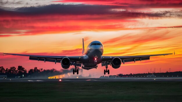 image d'un avion commercial atterrissant gracieusement sur une piste pendant une photo de coucher de soleil vibrant