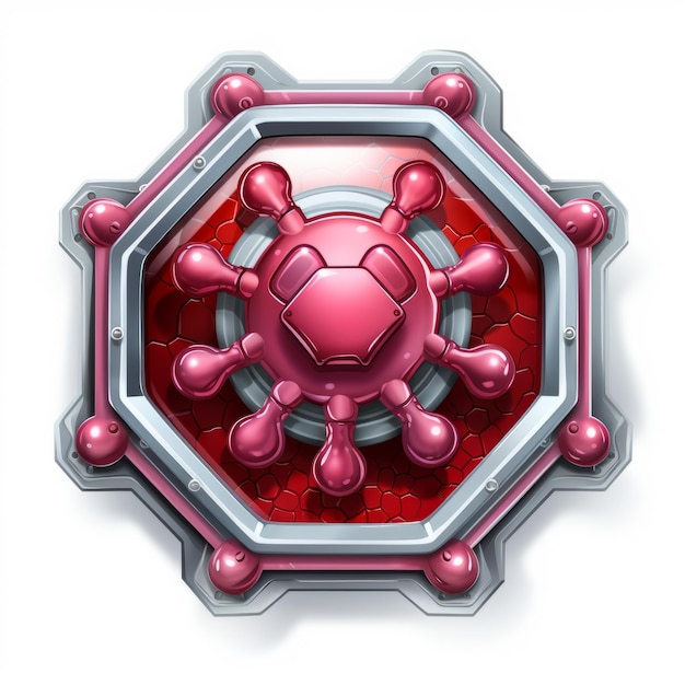 une image d'un badge rouge et argenté avec un virus dessus