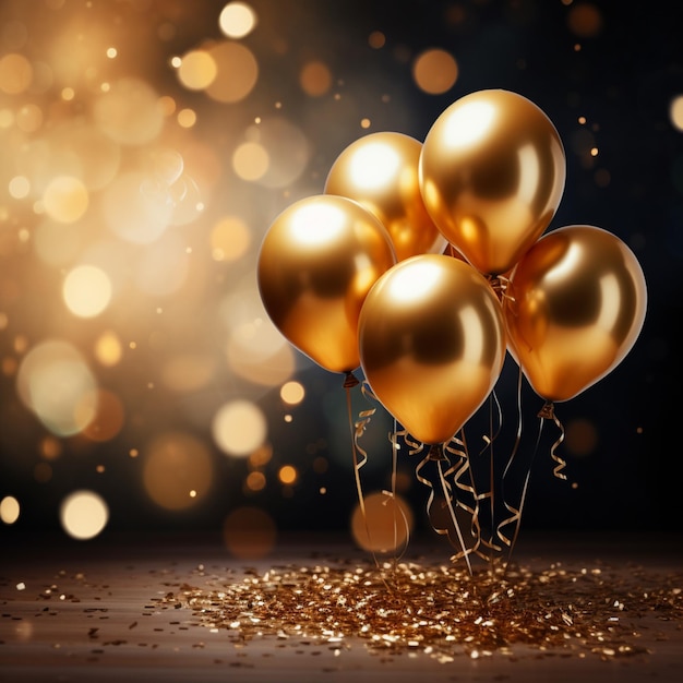 Image des ballons dorés et des confettis sur un fond doré 3Drendering pour les médias sociaux Taille du message