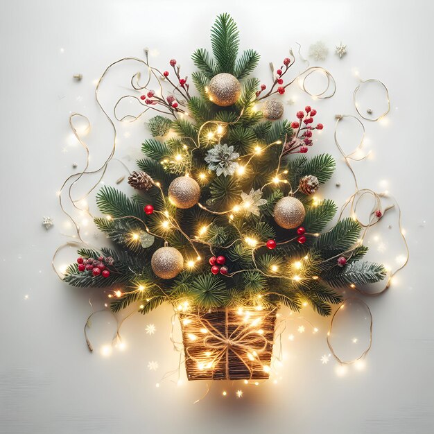 Image de bannière festive Bouquet de Noël créatif de branches de sapin avec des lumières en forme