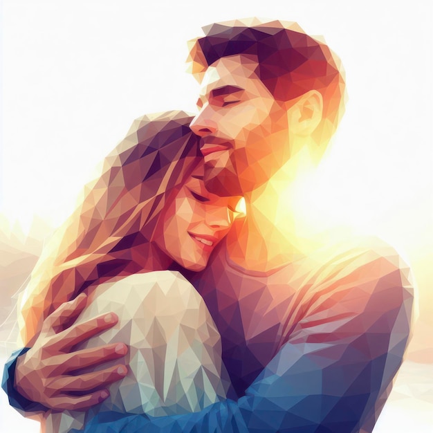 Image basse d'un couple d'homme et de femme s'embrassant sur un fond blanc et lumineux