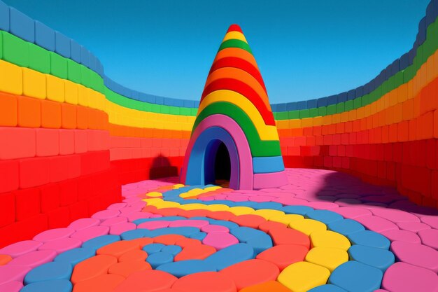 une image d'un bâtiment de couleur arc-en-ciel au milieu d'un champ