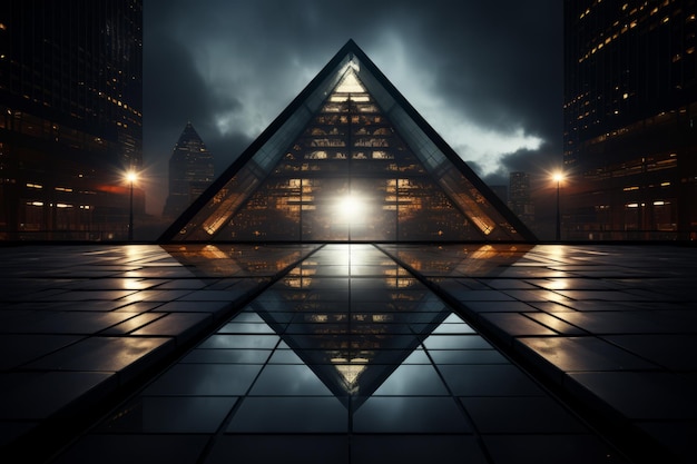 une image d'un bâtiment la nuit avec un triangle au milieu