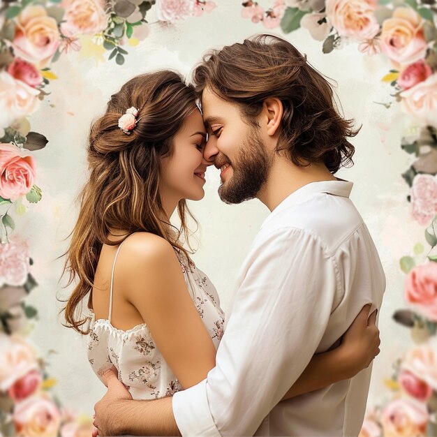 Image d'un beau couple célébrant la Saint-Valentin avec des fleurs en arrière-plan