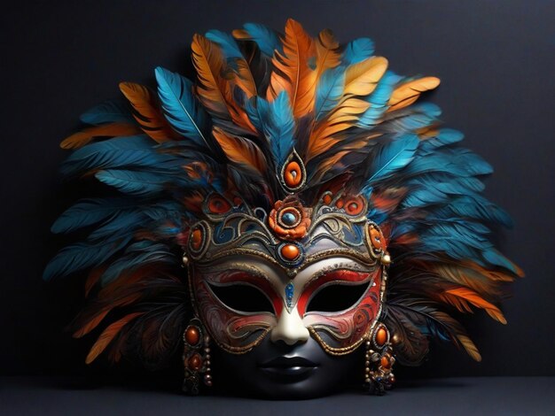 Photo image d'un beau masque de carnaval ornemental coloré avec des plumes sur fond noir