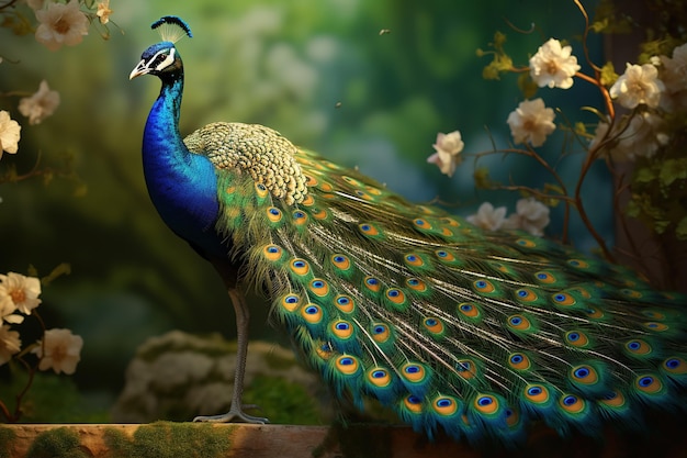Image d'un beau paon dans la forêt fertile Oiseau Nature Illustration Générative AI