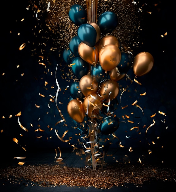Une image de beaux ballons dorés et de confettis.