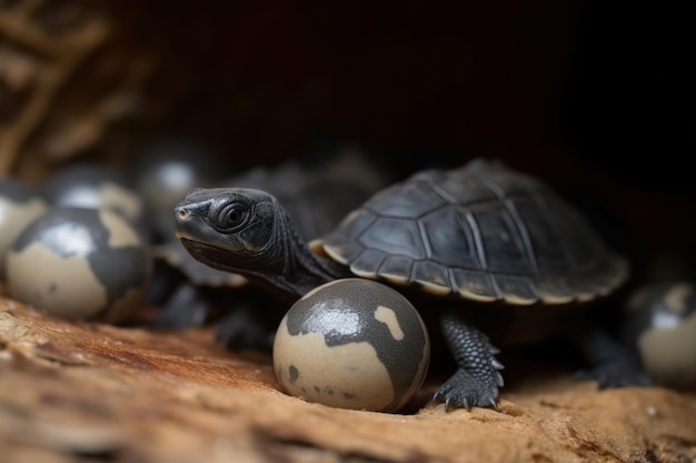 Image de bébés tortues de mer noires et d'œufs de tortues sur le sable Animaux marins Illustration Generative AI