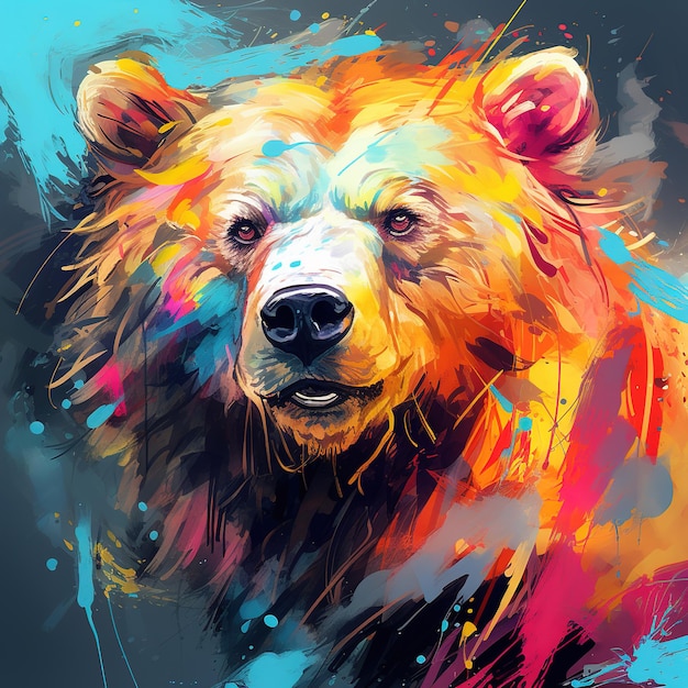 Image d'une belle peinture colorée d'une tête d'ours Illustration d'animaux sauvages IA générative