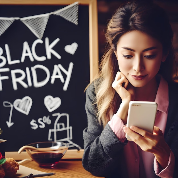 Image de Black Friday Woman Shopping avec une application de téléphone intelligent dans le style des dessins animés