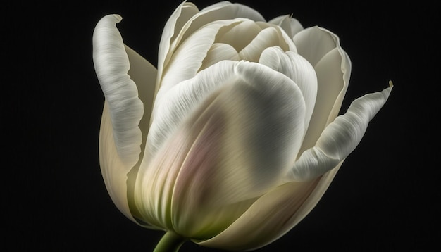 Image blanche d'une magnifique tulipe fraîche en gros plan isolée sur fond noir