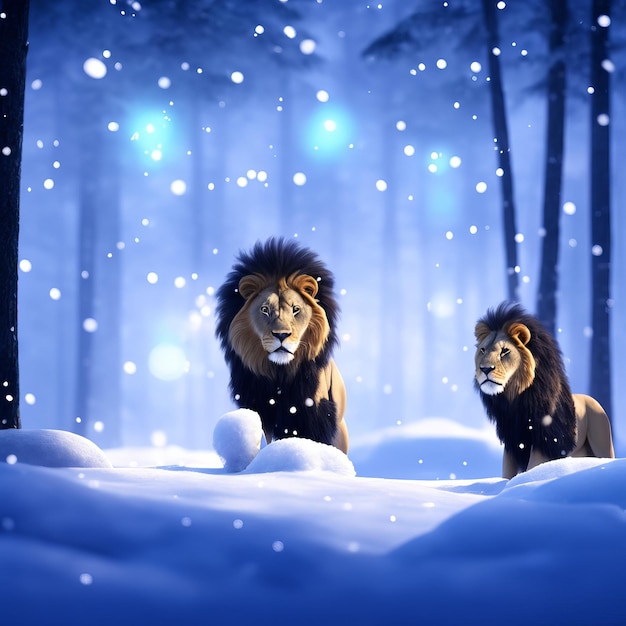 Une image bleue et blanche d'un lion avec une boule de neige en arrière-plan