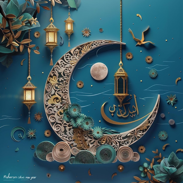 Photo une image bleue et dorée d'un croissant de lune avec un fond bleu de la nouvelle année islamique