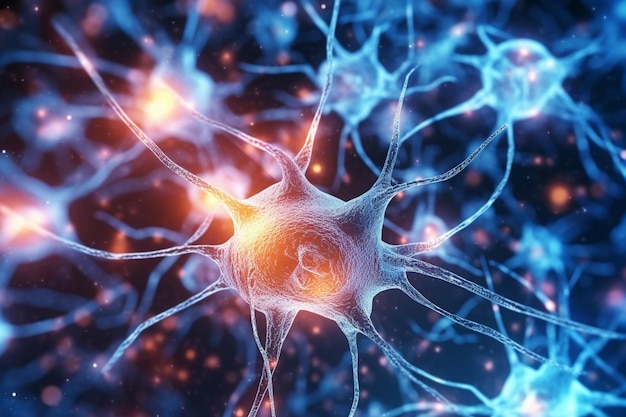 Une image bleue et orange d'un cerveau avec les mots neurone à droite