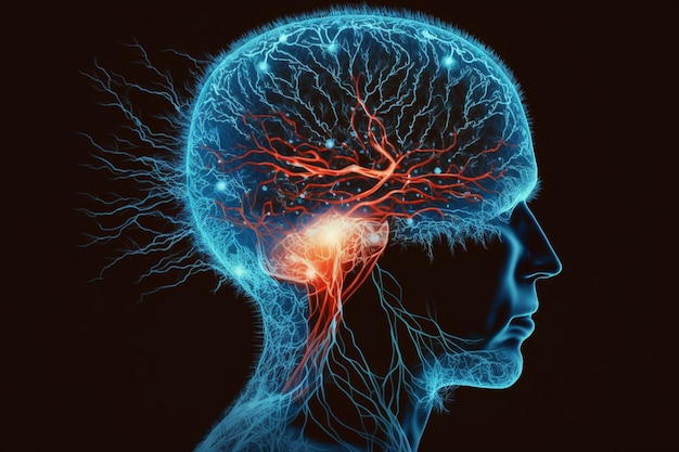 Une image bleue et rouge d’une tête humaine avec le cerveau mis en évidence.