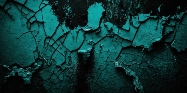 Une image bleue et verte d'un mur fissuré avec un fond sombre.