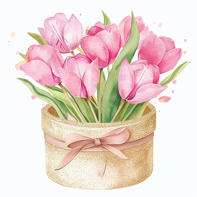 image d'une boîte à chapeaux avec des tulipes roses dans le style glamour illustration à l'aquarelle à l'éclat doré sur fond blanc