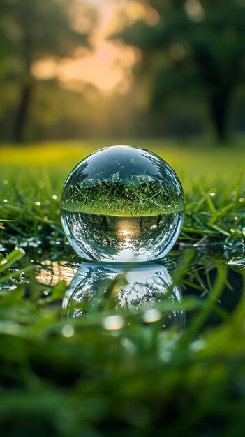 image d'une boule de verre avec de l'eau et de l'herbe ai générative