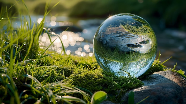 image d'une boule de verre avec de l'eau et de l'herbe ai générative