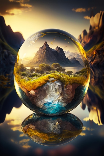 Une image de boule de verre avec des montagnes et de l'eau Generative AI
